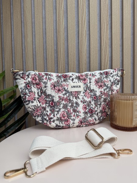 Sac banane demi-lune en coton imprimé floral noir AMOUR