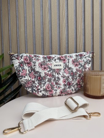 Sac banane demi-lune en coton imprimé floral noir AMOUR