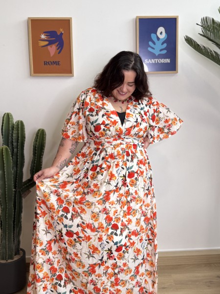 Robe longue floral Natalia orange grande taille