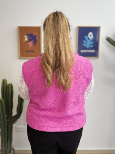 Gilet sans manches bouclette poches grande taille rose fuschia