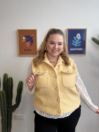 Gilet sans manches bouclette poches grande taille jaune