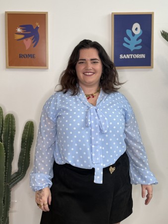 Blouse fluide pois noeud bleu ciel grande taille