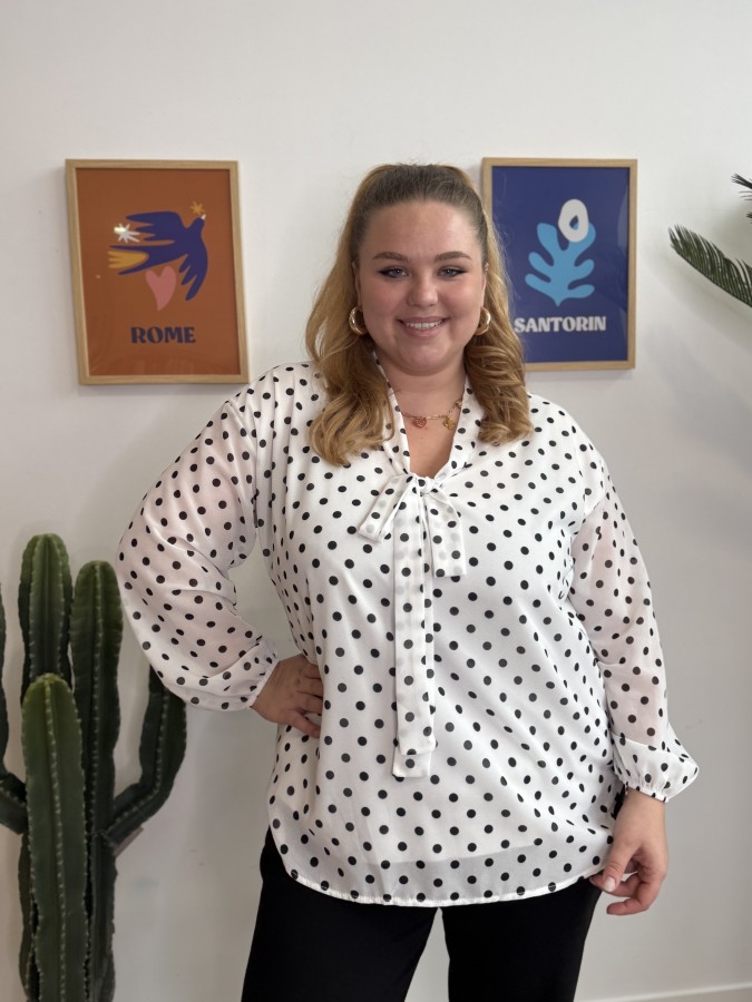 Blouse fluide pois noeud blanc