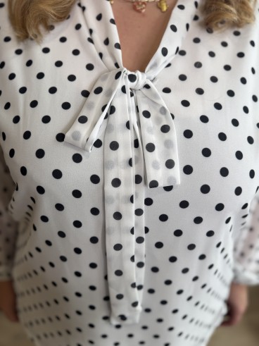 Blouse fluide pois noeud blanc
