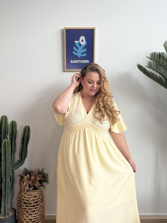 Robe fluide courte ceinture plissée jaune grande taille