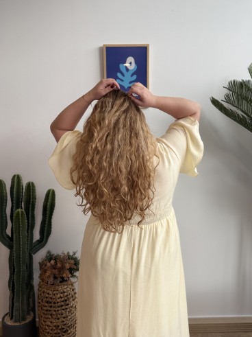 Robe fluide courte ceinture plissée jaune grande taille