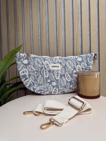 Sac banane demi-lune en coton imprimé floral bleu AMOUR