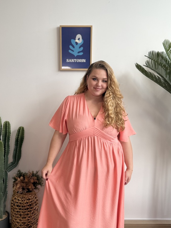 Robe fluide longue ceinture plissée corail