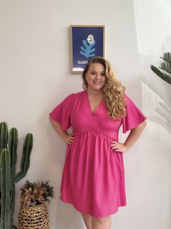 Robe fluide courte ceinture plissée jaune grande taille