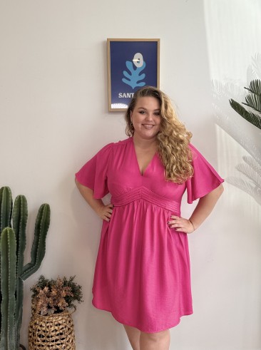 Robe fluide courte ceinture plissée jaune grande taille