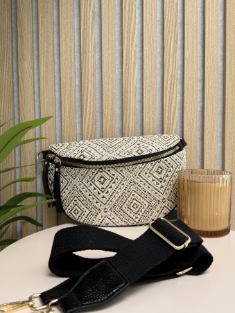 Sac banane lurex tissé motif géometrique noir