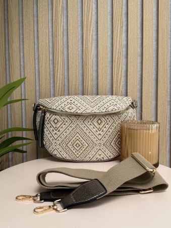 Sac banane lurex tissé motif géometrique beige