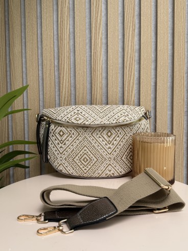 Sac banane lurex tissé motif géometrique beige