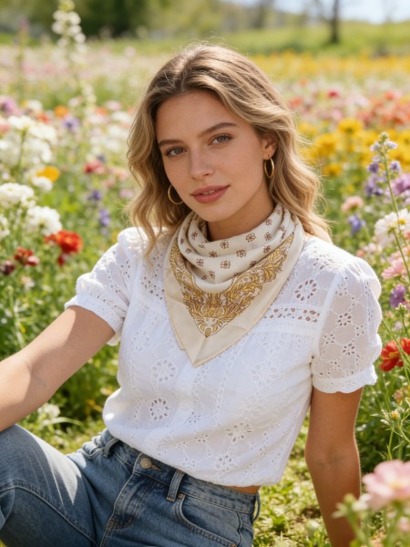 Carré effet soie 70x70cm marguerites beige