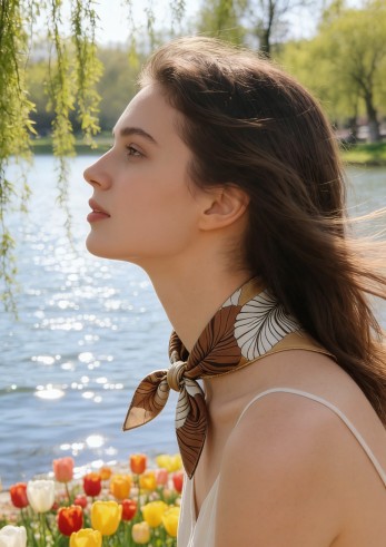 Carré effet soie 70x70cm feuilles plissées marron