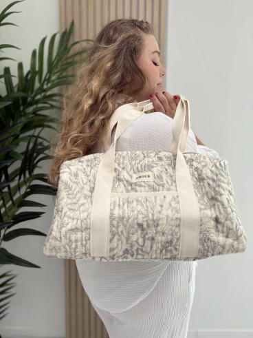 Sac polochon en coton imprimé floral blanc AMOUR