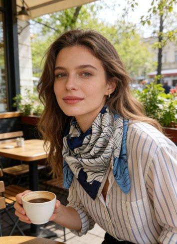 Carré effet soie 70x70cm feuilles plissées bleu