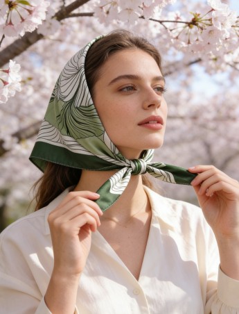 Carré effet soie 70x70cm feuilles plissées vert