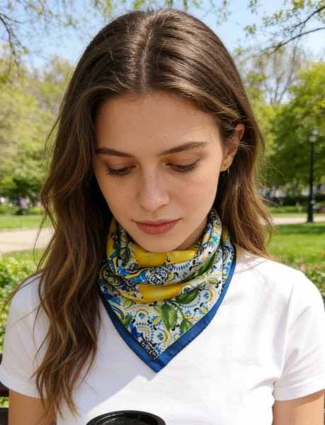 Carré effet soie 70x70cm citrons marine