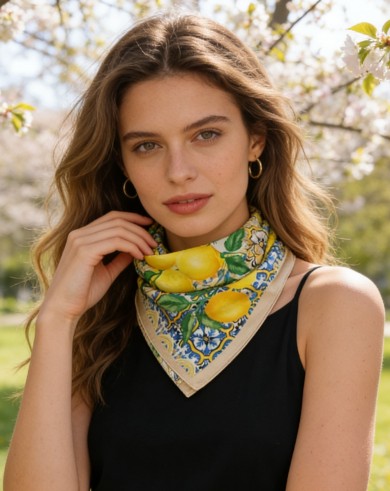 Carré effet soie 70x70cm citrons beige