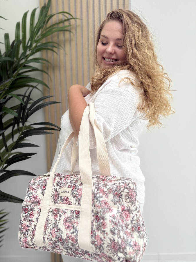 Sac polochon en coton imprimé floral noir AMOUR