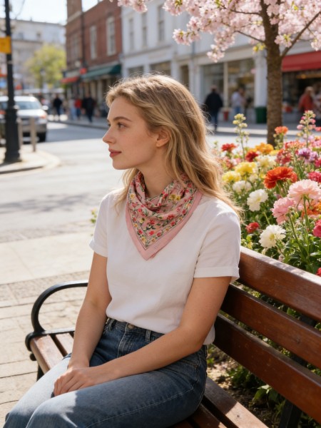 Carré effet soie 70x70cm fleurs sur tige rose