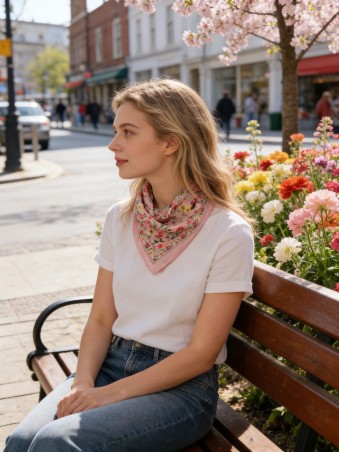 Carré effet soie 70x70cm fleurs sur tige rose