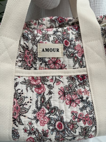 Sac polochon en coton imprimé floral noir AMOUR