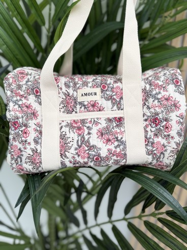 Sac polochon en coton imprimé floral noir AMOUR