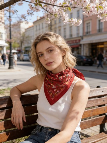 Carré effet soie 70x70cm fleurs sur tige rouge