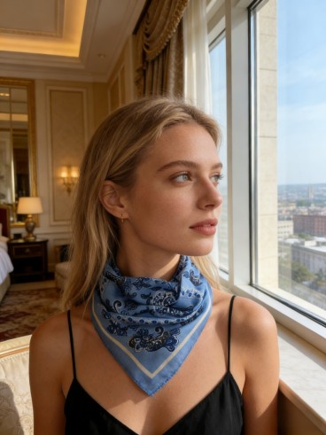 Carré effet soie 70x70cm arabesque bleu