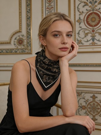 Carré effet soie 70x70cm arabesque noir