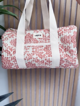 Sac polochon en coton imprimé floral corail AMOUR