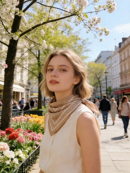 Carré effet soie 70x70cm pois et feuilles beige