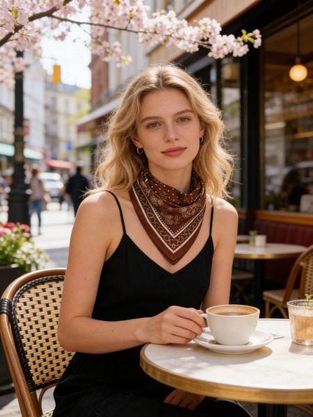 Carré effet soie 70x70cm pois et feuilles marron