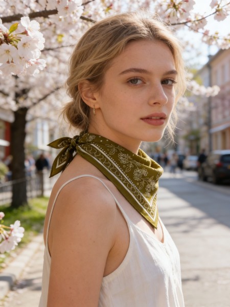 Carré effet soie 70x70cm pois et feuilles kaki