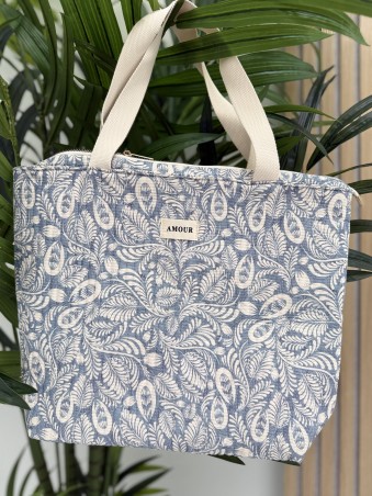 Sac cabas en coton imprimé floral bleu AMOUR