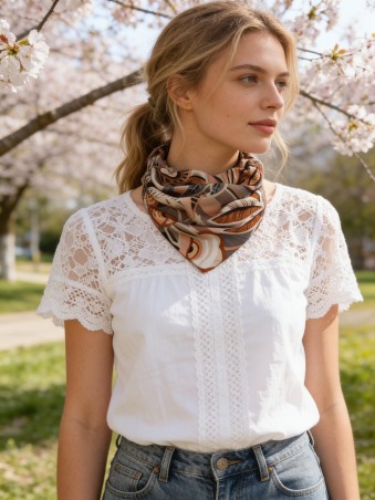 Carré effet soie 70x70cm fleurs dessins taupe