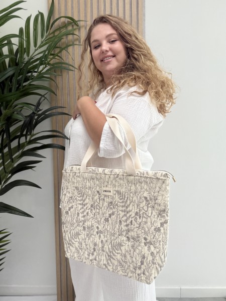 Sac cabas en coton imprimé floral blanc AMOUR