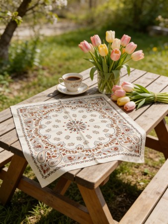 Carré effet soie 70x70cm rosace écru