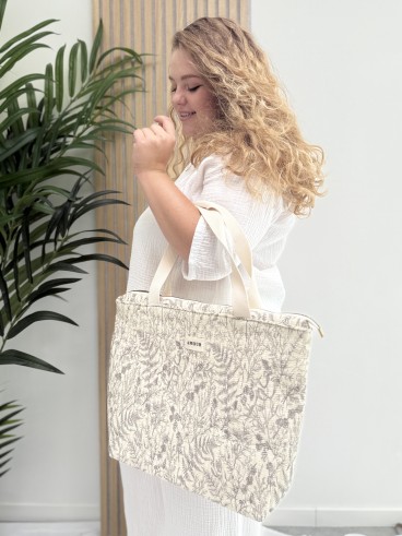 Sac cabas en coton imprimé floral blanc AMOUR