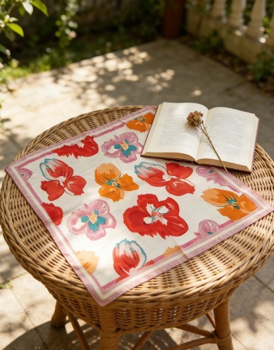 Carré effet soie 70x70cm grandes fleurs rose