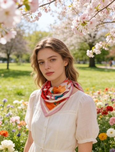 Carré effet soie 70x70cm grandes fleurs rose