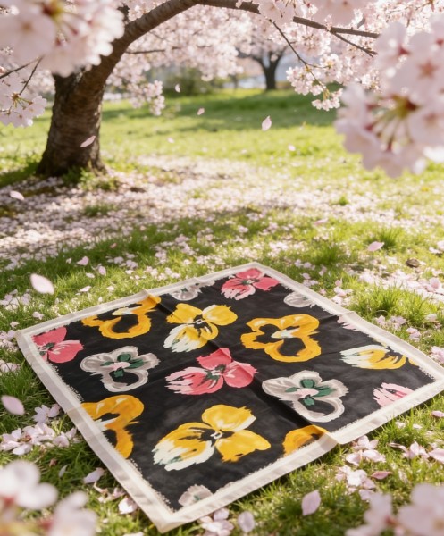 Carré effet soie 70x70cm grandes fleurs noir