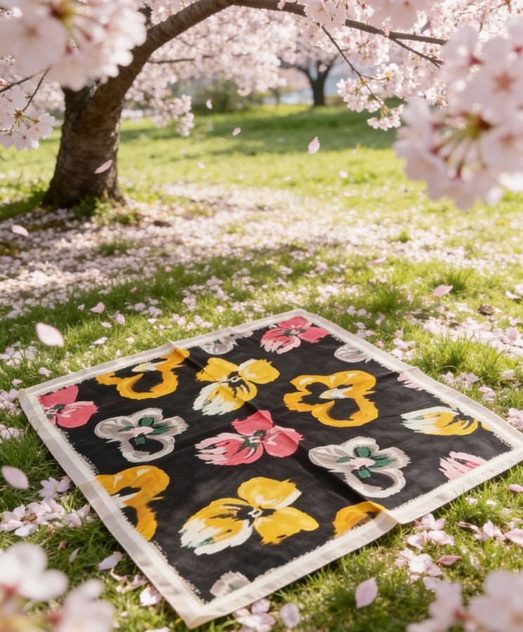 Carré effet soie 70x70cm grandes fleurs noir