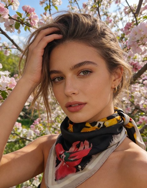 Carré effet soie 70x70cm grandes fleurs noir