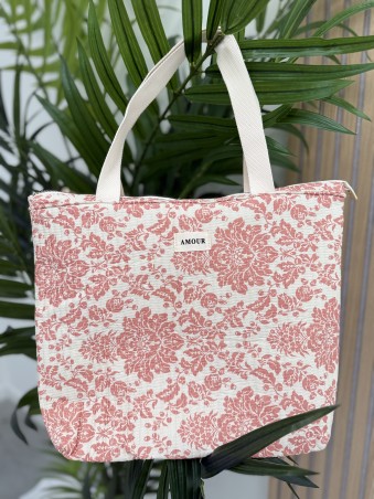 Sac cabas en coton imprimé floral corail AMOUR