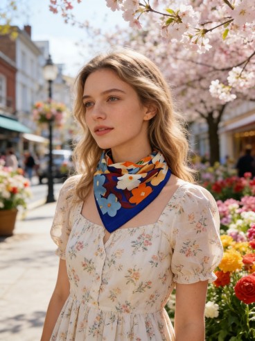 Carré effet soie 70x70cm fleurs colorées bleu