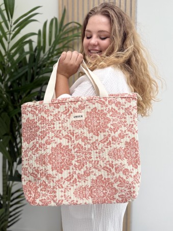Sac cabas en coton imprimé floral corail AMOUR
