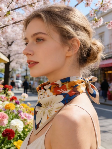 Carré effet soie 70x70cm fleurs colorées beige